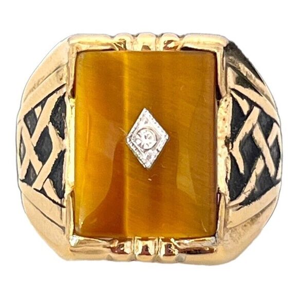 14KY 1970 Vintage 1970s Ring Size 13 Tigers Eye Crystal Accent Textured Gold Plated - 14N